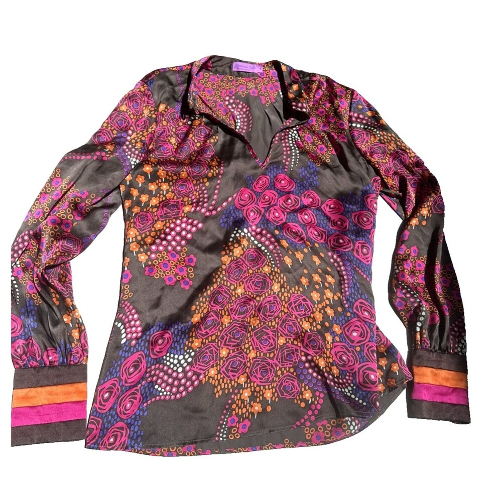Calypso Silk Blouse Boho 70s Patterned Tunic Floral Cottage Retro Glam S